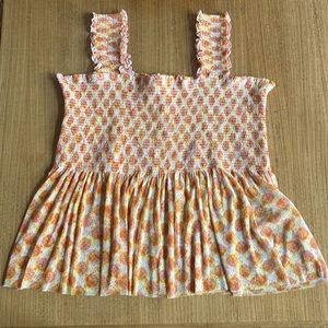 NWT- Jane + Delancey Smocked Peasant Style Tank Top, Orange Print, Size XL
